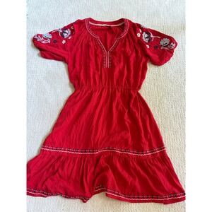Kate & Sam Red Embroidered Floral Boho Rayon‎ Midi Dress XL Short Puff Sleeve